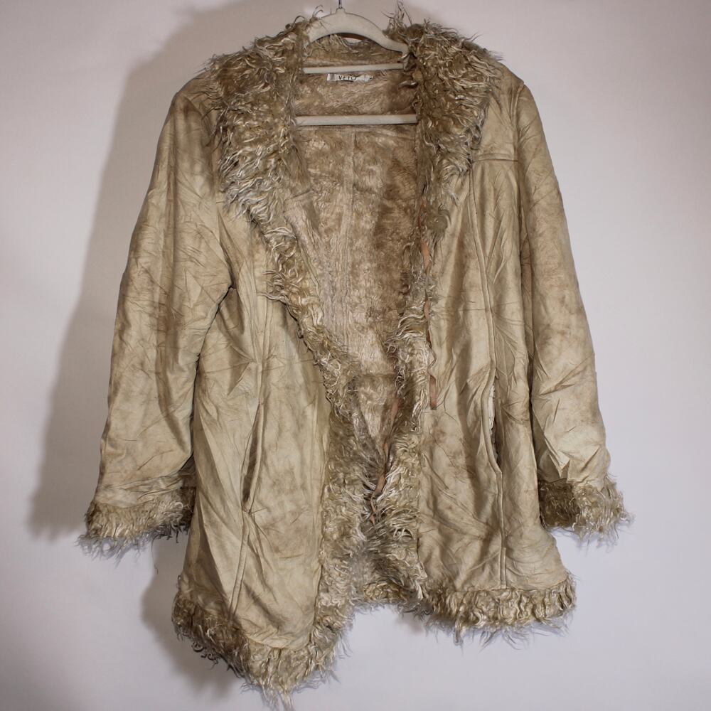 Vintage Veto Light Beige Afghan Coat With Fur Trim Size 3